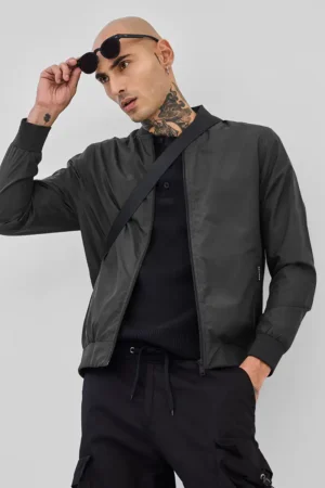 Men's Black Bomber Jacket Relaxed Fit Polyester