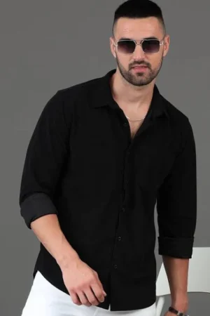 Men's Black Cotton Casual Plain Full Sleeve Shirt