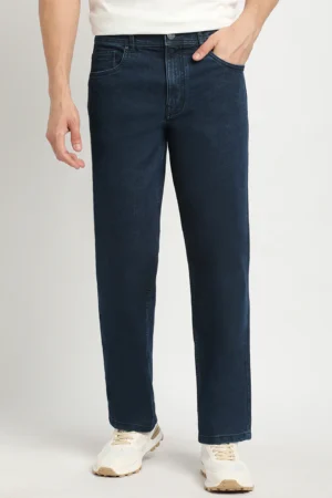 Men Dark Blue Solid Mid Rise Straight Fit Jean