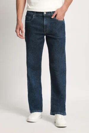 Men Mid Blue Solid Mid Rise Straight Fit Jean