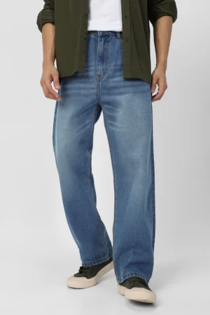 Men's Light Blue Loose Baggy Fit Washed Jeans Non-Stretchable